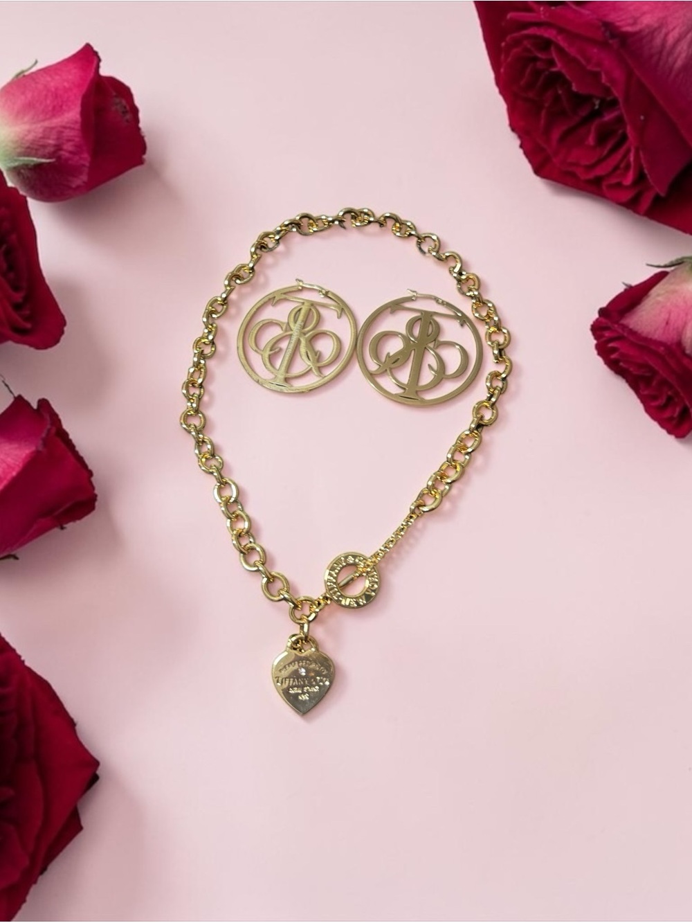 Gold-Tone Heart Pendant Necklace & Hoop Earrings Set